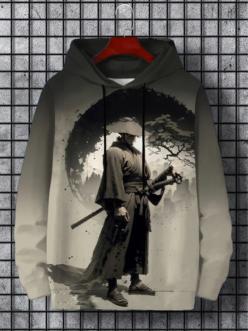 2026 Japanese-style Anime Samurai-style Men's Hooded Sweatshirt, Hip-hop Sporty Pullover Shirt From Harajuku