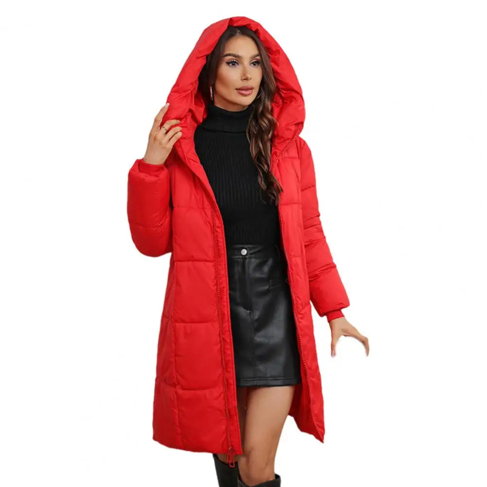 Women Long Hooded Down Jacket Winter Coat Women’s Winter Jacket with Hood Thickened Padded Down Coat Slim Waist Mid-length