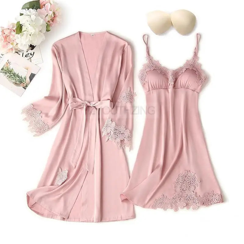 Pajama Set Women Lace Trim Satin Sleepwear Pyjamas Pour Femme Summer Nightwear With Pants Casual Home Wear Kimono Robe Gown PJS