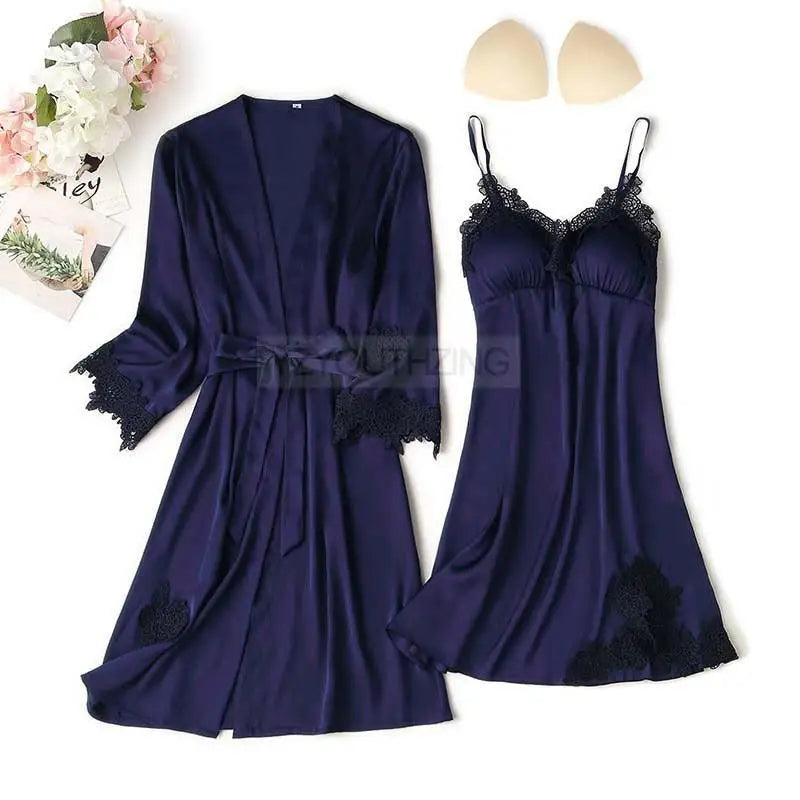Pajama Set Women Lace Trim Satin Sleepwear Pyjamas Pour Femme Summer Nightwear With Pants Casual Home Wear Kimono Robe Gown PJS