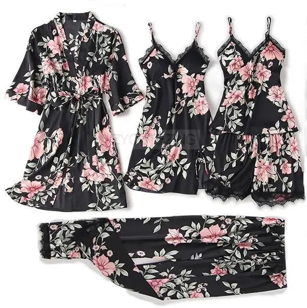 Pajama Set Women Lace Trim Satin Sleepwear Pyjamas Pour Femme Summer Nightwear With Pants Casual Home Wear Kimono Robe Gown PJS