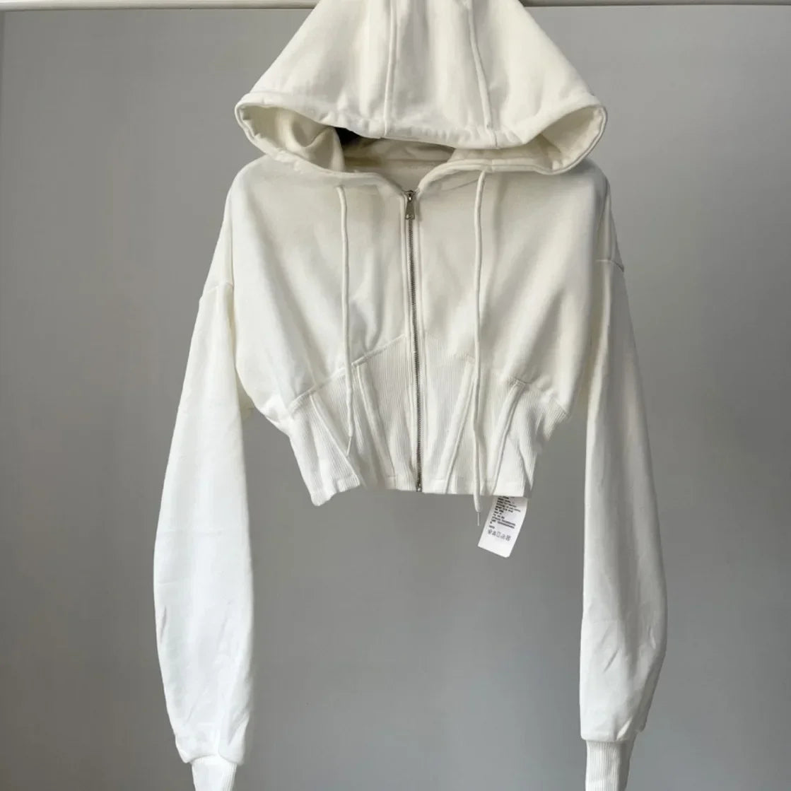 Crop Tops Fashion Hoodies for Women 2023 Ropa Mujer Slim Waist Folds Zipper Y2k Jackets Casual Korean Vintage Sweatshirts Coat