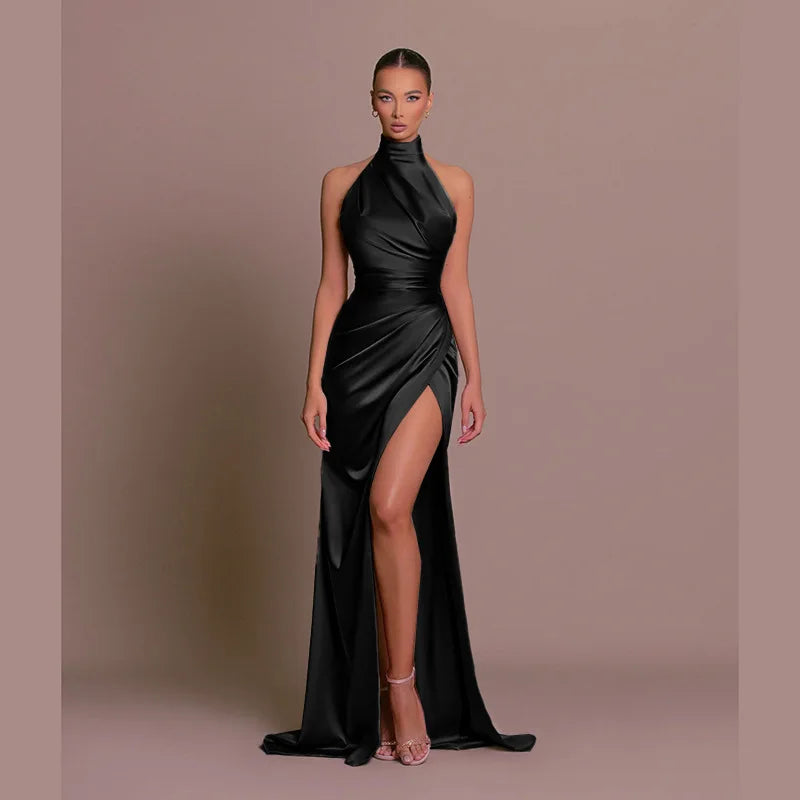 Women Dress Elegant Long Dresses Party Night Dress Women Dresses Woman Female Stand Collar Hanging Neck Sexy Slim Fit Slit