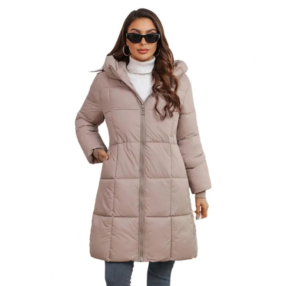 Women Long Hooded Down Jacket Winter Coat Women’s Winter Jacket with Hood Thickened Padded Down Coat Slim Waist Mid-length