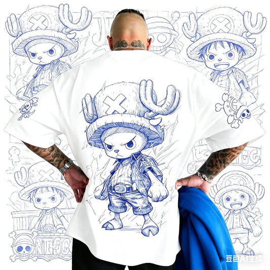 ONE PICE Anime Summer T-shirt 2026 Men's and Women's New Tony Tony Chopper Printed Street Hip Hop Loose Casual Parent Child Top