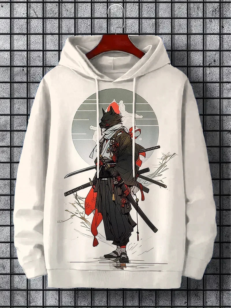 2026 Japanese-style Anime Samurai-style Men's Hooded Sweatshirt, Hip-hop Sporty Pullover Shirt From Harajuku