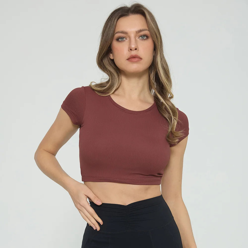 Women's Yoga T-shirts Sexy Backless Round Neck Short Sleeve Crop Top Sportswear Fitness Running Summer Thin Breathable