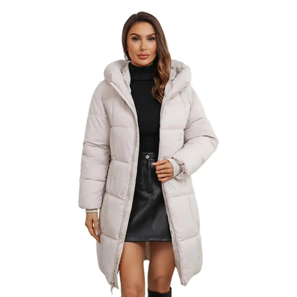 Women Long Hooded Down Jacket Winter Coat Women’s Winter Jacket with Hood Thickened Padded Down Coat Slim Waist Mid-length