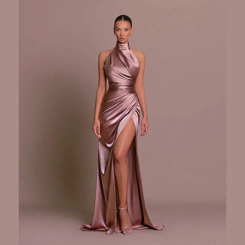 Women Dress Elegant Long Dresses Party Night Dress Women Dresses Woman Female Stand Collar Hanging Neck Sexy Slim Fit Slit