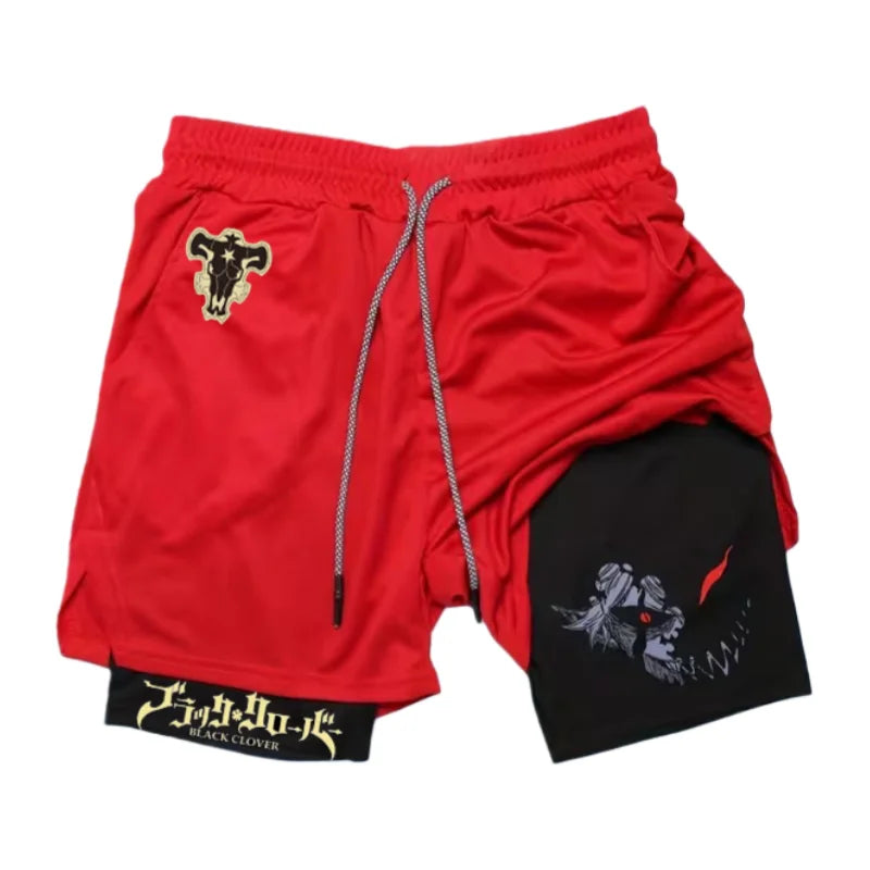 Bandai Black Clover Devil Liebe Anime Men's Double Layer Fake Two Piece Shorts Gym Workout Shorts Summer Quick-dry Lightweight