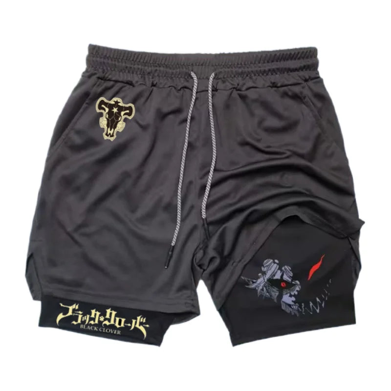 Bandai Black Clover Devil Liebe Anime Men's Double Layer Fake Two Piece Shorts Gym Workout Shorts Summer Quick-dry Lightweight