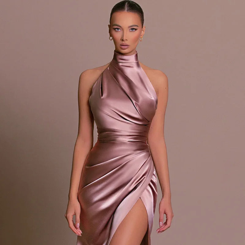 Women Dress Elegant Long Dresses Party Night Dress Women Dresses Woman Female Stand Collar Hanging Neck Sexy Slim Fit Slit