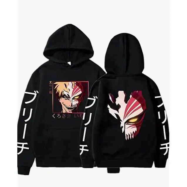 Anime BLEACH Kurosaki Ichigo Print Hooded Sweatshirt Unisex Cartoon Pullover Casual Long‑Sleeve Hoodie For Men Women Anime Fans