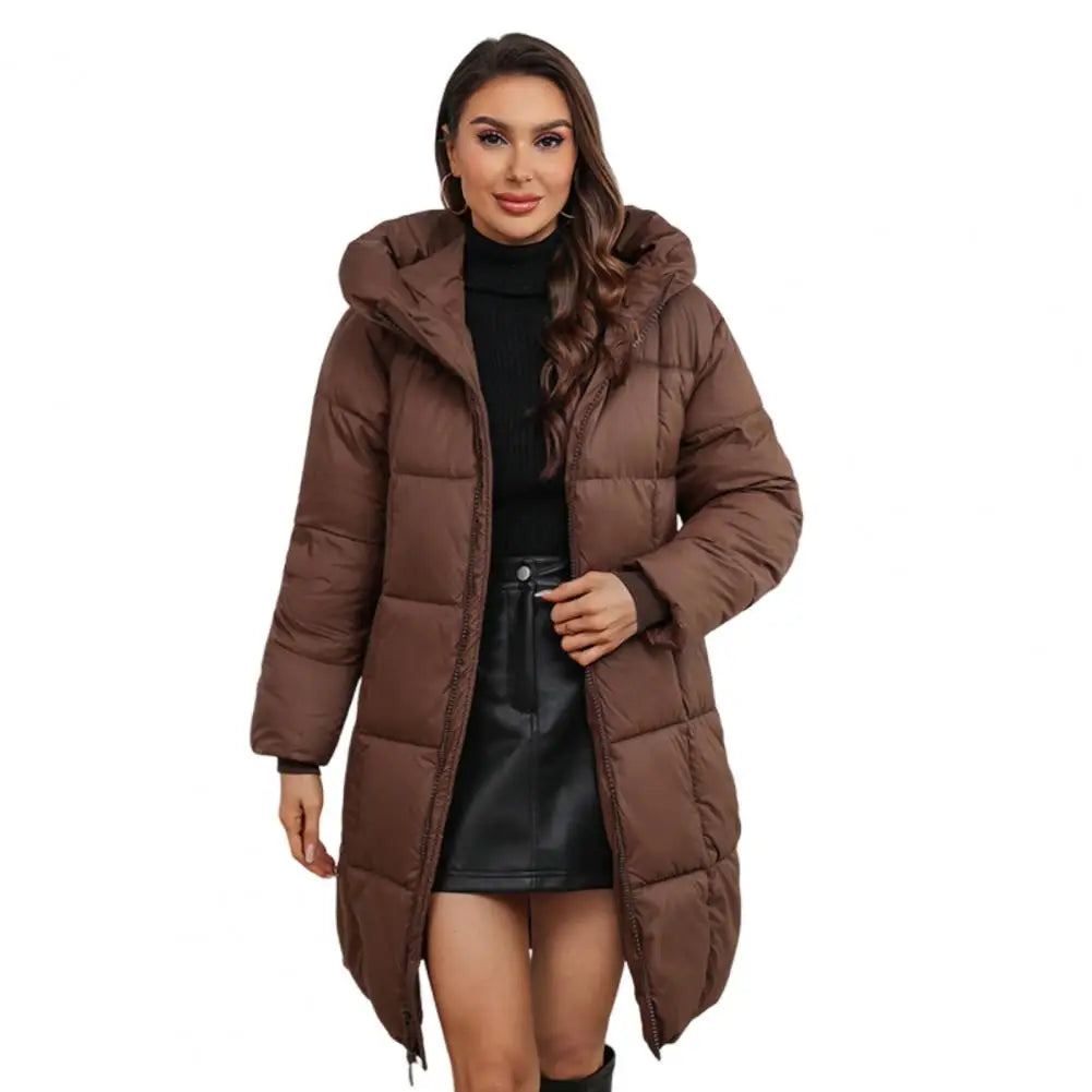 Women Long Hooded Down Jacket Winter Coat Women’s Winter Jacket with Hood Thickened Padded Down Coat Slim Waist Mid-length